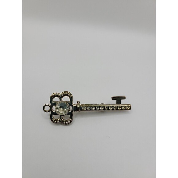 Vintage Rhinestone Key Brooch Gold Tone Skeleton Key Pin Crystals Elegant - Picture 2 of 11